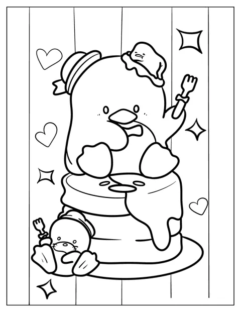 Tuxedo Sam istuu pannukakkujen päällä Gudetaman vieressä.