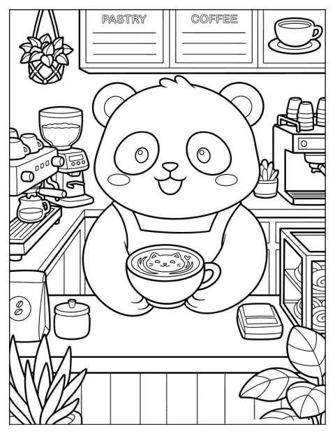 Söpö panda pitää lattea kahvilassa.