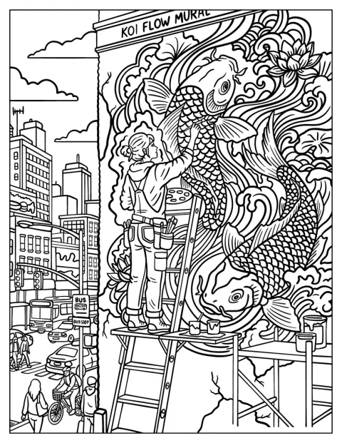 Un artiste peint une fresque de carpe koï sur un mur urbain.