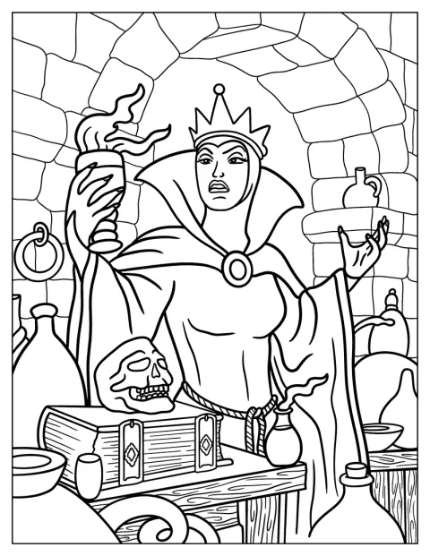 Queen Grimhilde sostiene una copa en la mano.