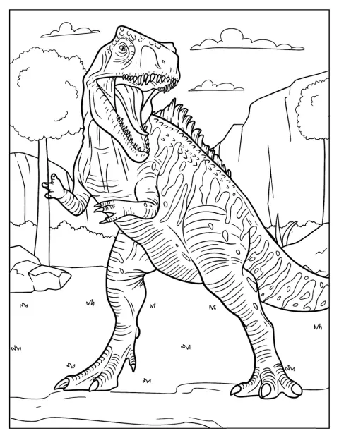 Gigantosaurus je zobrazen s výraznými šupinami a dalšími detaily.