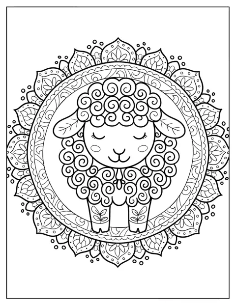 Ett lugnt tecknat får sitter mitt i en detaljrik mandala.