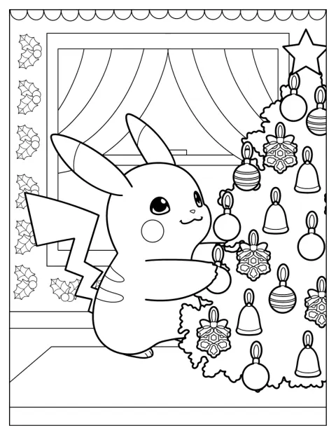 ピカチュウがクリスマスツリーに飾りを付けています。