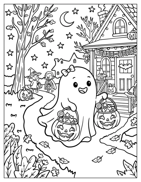 Un fantasma adorable lleva bolsas de caramelos durante Halloween.