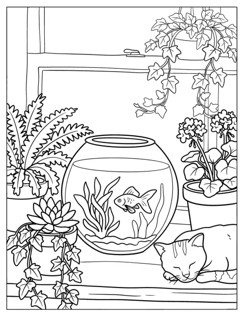En gullfisk svømmer i en bolle omgitt av planter, mens en katt sover ved siden av.
