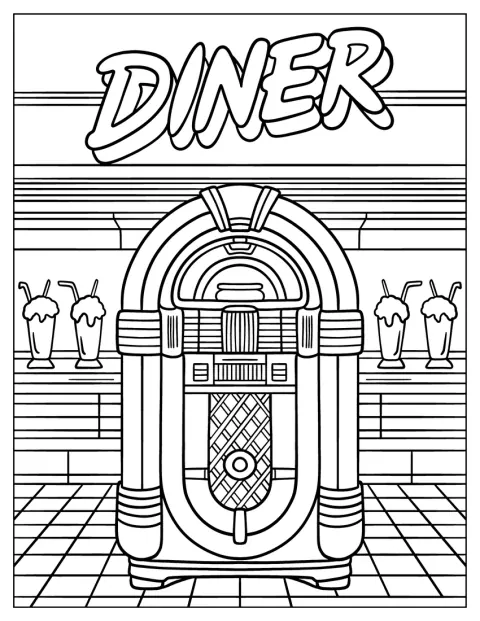 Un jukebox e alcuni frappè decorano un diner retrò.