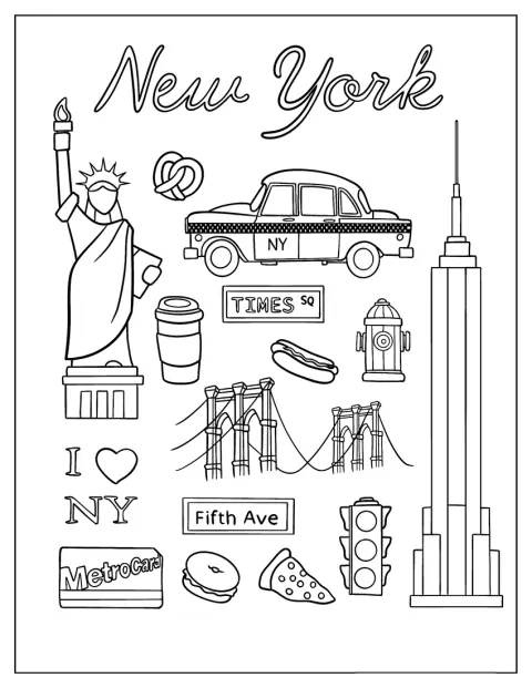 Olika symboler och motiv från New York samlas i en bild.