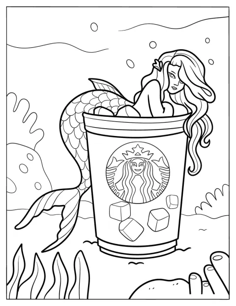 En vacker sjöjungfru vilar på en Starbucks-mugg under havet.