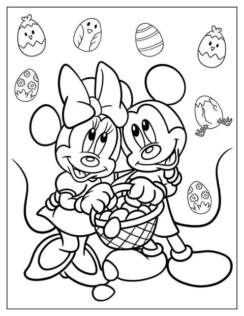 Mickey a Minnie Mouse společně drží košík velikonočních vajíček.