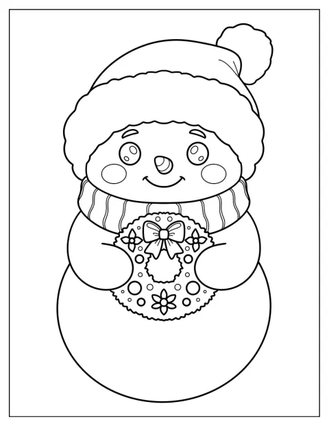 雪だるまが、リボン付きのリースを手に持っています。
