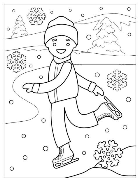 男の子が冬の屋外でスケートをしています。