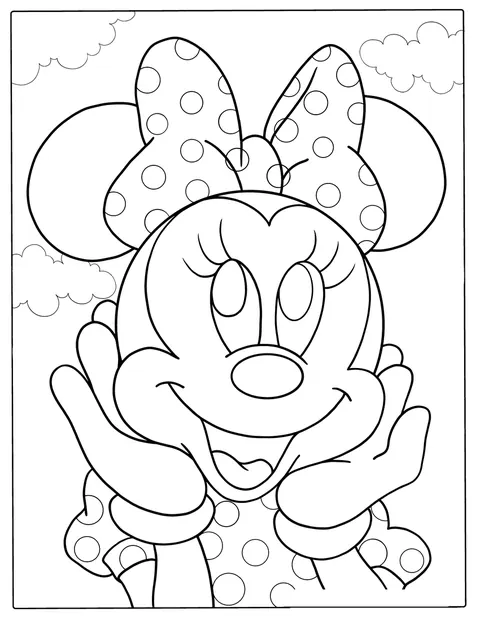Minnie Mouse affiche un sourire timide et les joues rosies.