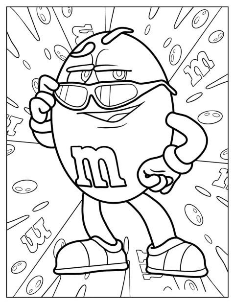 Aurinkolaseihin pukeutunut sininen M&M’s-hahmo poseeraa.