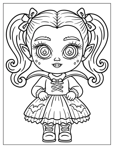 Une jeune vampire chibi porte une robe et deux couettes.