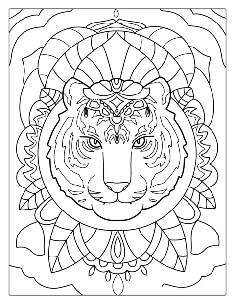 Egy részletgazdag, tigrismotívumú mandala díszíti a képet.