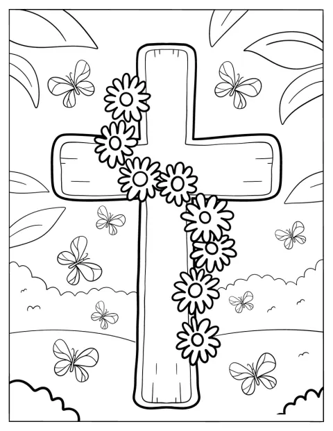 Margherite sbocciano sopra una croce di legno immersa nella natura.