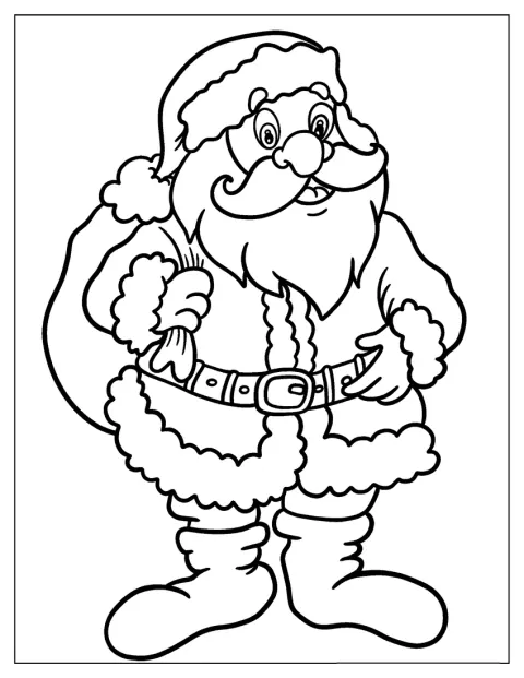 Der Weihnachtsmann trägt seinen vollständigen Anzug mit Mütze, Gürtel und Stiefeln.