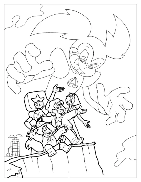 Steven, Garnet, Amethyst und Pearl stehen auf einer Klippe; Spinel ist im Hintergrund zu sehen.