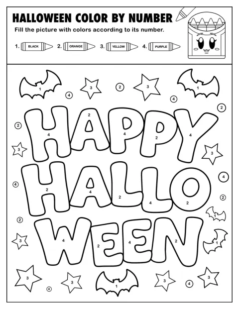 Des chauves-souris et des étoiles entourent le message « Joyeux Halloween ».