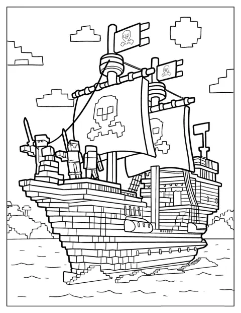 Ett piratskepp byggt av Minecraft-block seglar på vattnet.