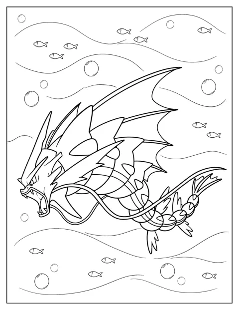 Un Gyarados arrabbiato nuota nelle acque dell’oceano.