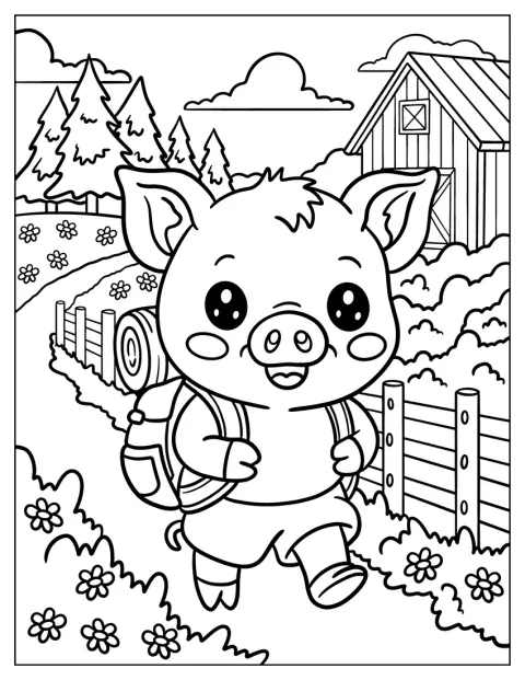 ブタがランドセルを背負い、学校へ歩いています。