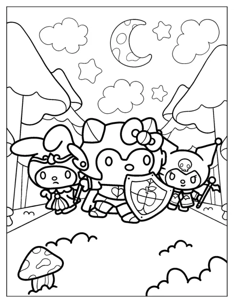 Hello Kitty jako rytíř, My Melody jako čarodějka a Kuromi jako čarodějnice pózují společně.