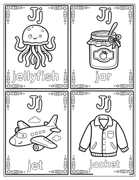 Kort med bogstav J viser en vandmand, en krukke, et jetfly og en jakke.