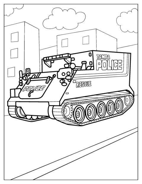 Ein gepanzertes Tampla-Polizeifahrzeug ist in einer einfachen Zeichnung abgebildet.