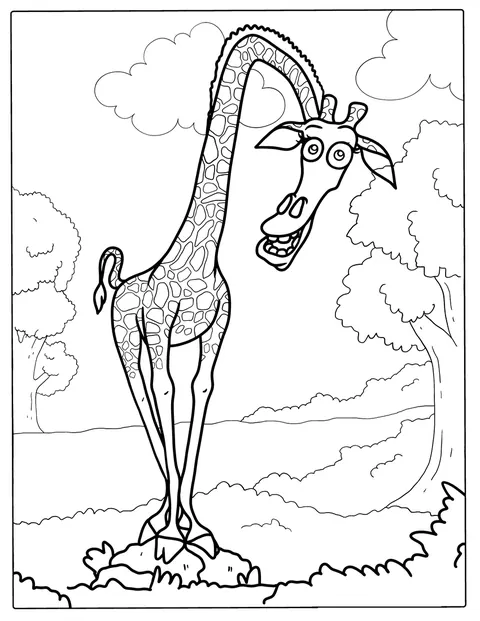 Melman de giraf staat afgebeeld met zijn lange nek en vlekken.