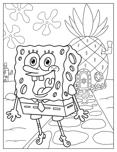 SpongeBob står framför sitt ananashus på havets botten.