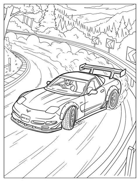 Une Chevrolet Corvette dérape sur une route de montagne.