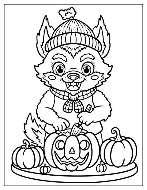 A vérfarkas Halloween-tököket farag.