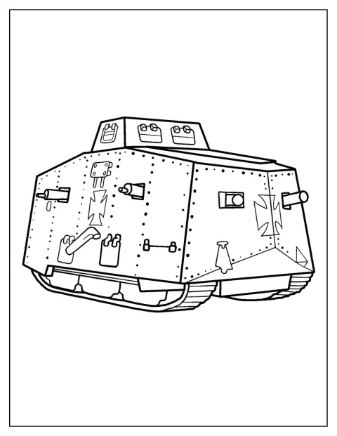 Um tanque militar é apresentado num desenho de contornos simples.
