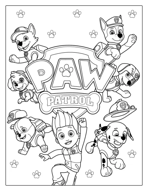 Un cachorro de PAW Patrol aparece junto a un tronco y sus amigos.