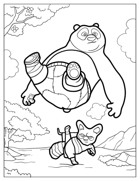 Mestre Shifu dá um pontapé em Po durante o treino.