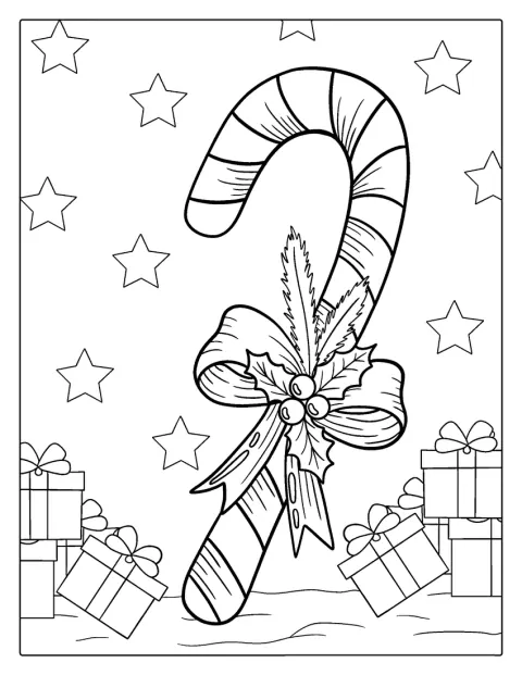 Un sucre d’orge est posé à côté de cadeaux emballés.