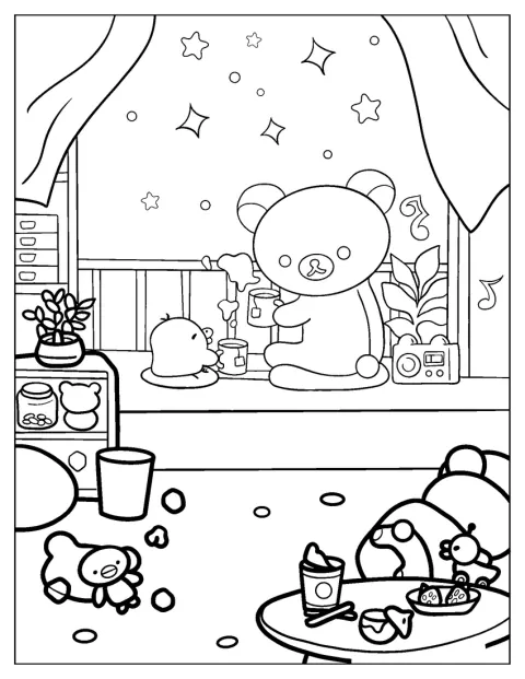 Sur le balcon, Rilakkuma partage une tasse de thé avec Kiiroitori.