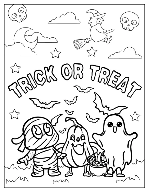 Lapset ovat pukeutuneet halloweenasuihin ja käyvät karkki vai kepponen -kierroksella lepakoiden lentäessä ympärillä.