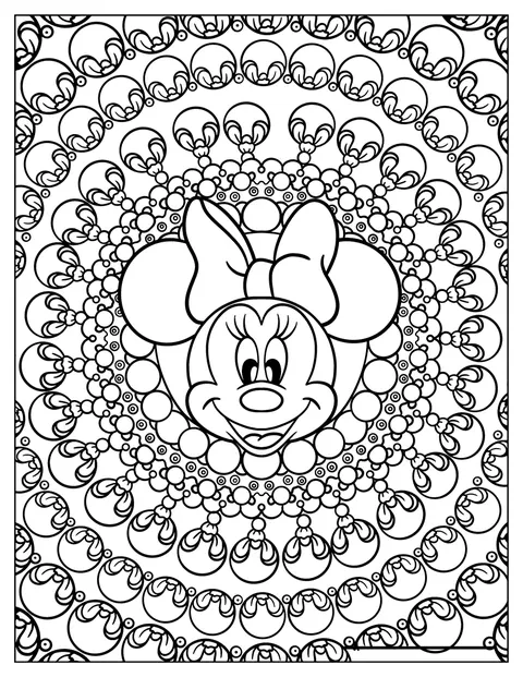 ミニーマウスが、複雑な模様の曼荼羅の中に描かれています。