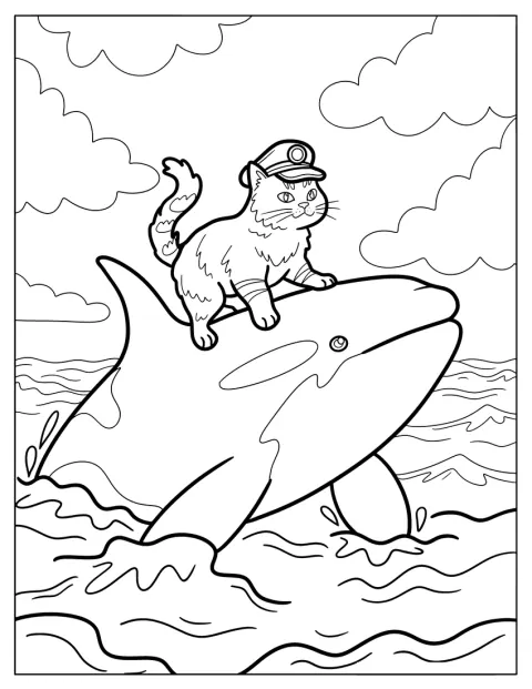 Un chat vêtu en marin chevauche une orque qui nage en mer.