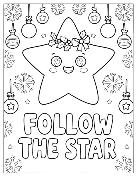 Christian Christmas Coloring Page of Star with Holly Bow and Baubles for Kids