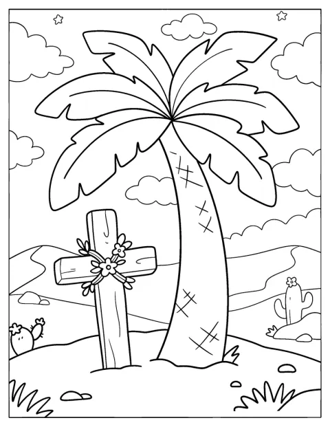Ein Kreuz steht unter einer Palme in einer kargen Wüstenlandschaft.
