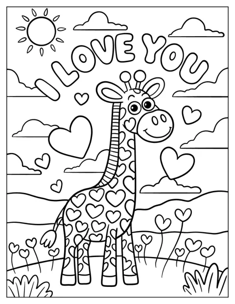 Una giraffa sorridente con macchie a cuore passeggia in un prato soleggiato.