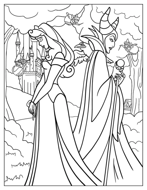 Aurora aparece junto a Maléfica y sus tres hadas madrinas.