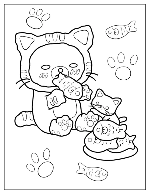 Rilakkuma Coloring Page Of Cat Costume Eating Fish Cakes For Kids