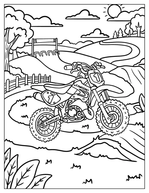 En Kawasaki-crossmotorsykkel med nummer 7 følger en svingete sti på landet.