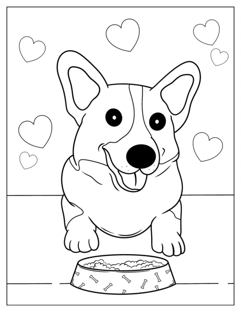 Un corgi în stil kawaii stă cu urechile ridicate.