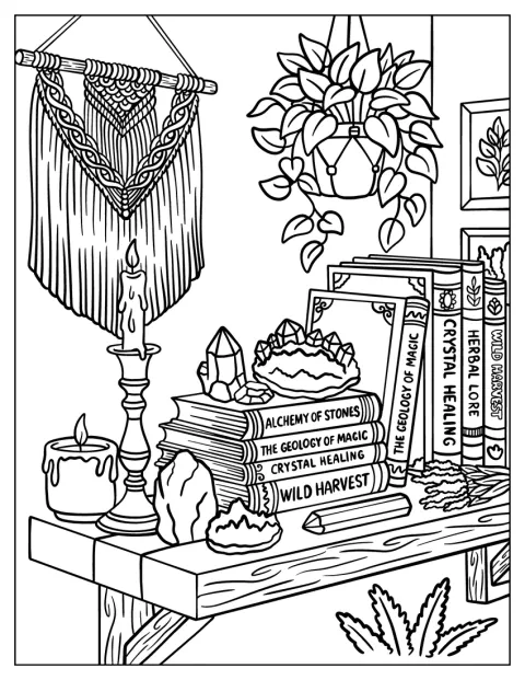Crystal Collection Shelf with Books, Geodes, and Macramé Decor Coloring Sheet
