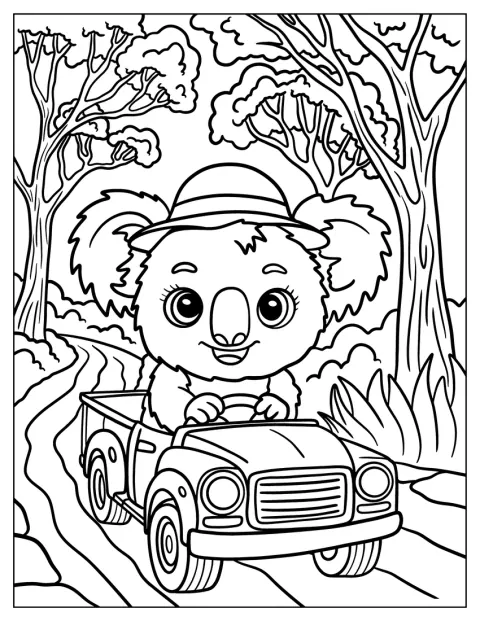 Um coala de chapéu conduz um carro no meio da selva.